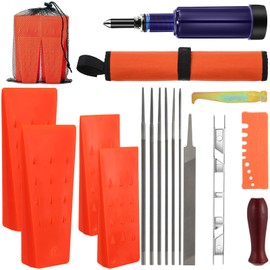 Threlaco 17 Pcs Chainsaw Chain Sharpening Kit Plastic Tree Felling Wedges with Spikes with Storage Bag, Chainsaw Grease Gun, 6 Sizes Round Chainsaw File for Wood, Tree Pruning, Loggers Fallers