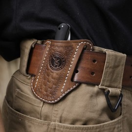 Tourbn Tourbon Leather Pocket Folding Knife Sheath for Belt EDC Holster Man Cross Draw Right Side Carry Open Top Trapper Knives Carrier