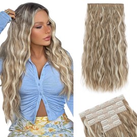 Hairro Clip In Hair Extensions 5PCS 17 Clips Sandy Blonde Hair Extensions With Bleach Blonde Highlights Synthetic Long Loose Wave Lace Weft Clip Ins Hairpiece For Women 24" 250g #16P613