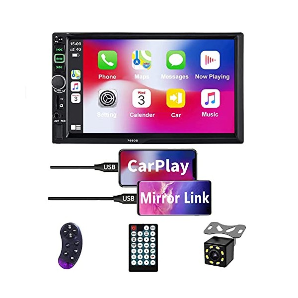 Double Din Car Stereo Audio Receiver Compatible with Carplay and Android Auto, 7-Inch HD Touchscreen with Voice Control, Mirror Link, Backup Camera, Steering Wheel, Bluetooth, AM/FM, USB/TF/AUX Port
