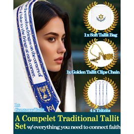 Zivosely Tallit Prayer Shawl Set for Men and Women, 72” x 22” Royal Blue Tallit with Golden Clip Chain, Tzitzits and Storage Bag, Complete Set Jewish Gift Idea for Any Occasions