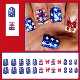 LBPEPAMZ 24Pcs 4th of July Press on Nails Independent Day Short Square Fake Nails with Red Glitter Bow Design Star Blue Full Cover Glue on Nails Stripe Glossy Acrylic Nails False Nails for Women Decor