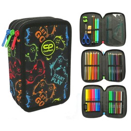 CoolPack XXL Pencil Case Boy, Pencil Case Large 44 Pieces with Patches Filled Pencil Case 3-Tier Motif: XPLAY, Joystick, Play, black, pencil case