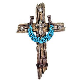 Rustic Drifted Wood Look Wall Cross with Turquoise Decor Horseshoe Spiritual Wall Art