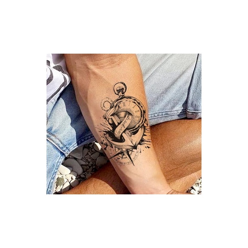 5 Pictures Anchor Tattoo Compass Clock Lettering Temporary Skin Tattoo