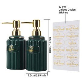 SOOKDEO Soap Dispensers, 14oz Ceramic Bottles with Gold Pumps & Waterproof Labels for Shampoo, Hand Soap, Dish Soap, Lotion, Body Wash - Ideal for Bathroom, Kitchen, Living Room, Set of 2 (Black)