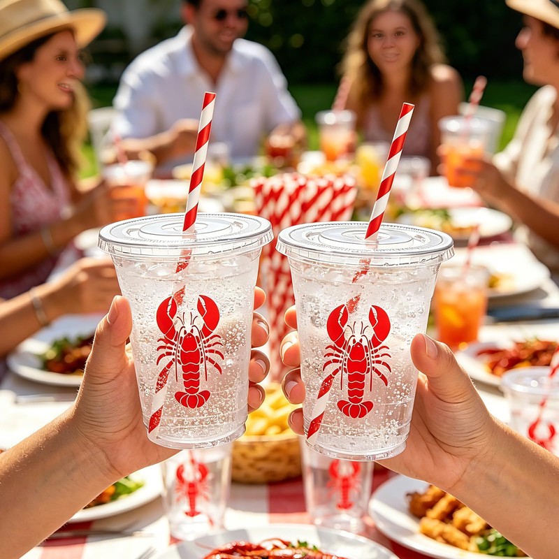 50Pcs 12 Oz Crawfish Plastic Cups with Lids & Straws