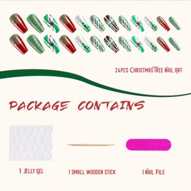 TELAIN Pack of 24 Christmas Press-on Nails, Medium Length Coffin Nails, Artificial Nails with Christmas Tree Design, Glittering Green/Red Striped Nails, Full Cover Acrylic Nails