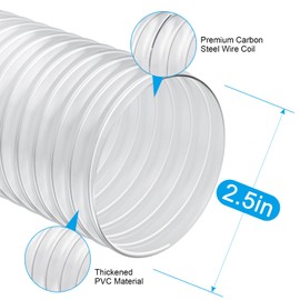Elecoman 2 1/2" x 20' Heavy PVC Dust Collection Hose,Flexible Clear Debris and Fume Collection Hose with Stainless Steel Hose Clamps for Dust Collectors with 2 1/2" Ports, Ideal for Shop Vacuums