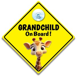Car Sign Grandchild on Board Giraffe Baby on Board 14 x 14 cm Yellow Diamond Safety Notice with Suction Cup