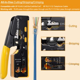 Rj45 Crimp Tool Pass Through Ethernet Crimping Tool kit for 8P-Cat7 Cat6 Cat5 6P Telephone Connector Network Crimp Tool RJ45 Crimper With Cable Tester Covers Connectors Mini Yellow Stripper