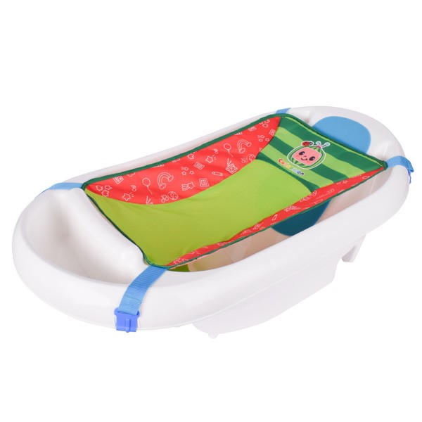 CoComelon Official Newborn to Toddler Bath - 3-in-1 Baby Bathtub with Removable Sling | Ages 0 to 24 Months | White Tub with Red and Green Sling - Sunny Days Entertainment