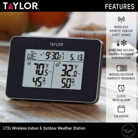 Taylor Wireless Digital Indoor Outdoor Thermometer and Hygrometer, Weather Station, Battery Powered, Alarm, Easy-to-Read Display for Home, Office, Greenhouse, Nursery, and Indoor Areas, Black