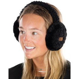 Funky Junque Women's Sherpa Ear Muffs, Warm Faux Fur Adjustable Winter Ear Warmer Headband, Black