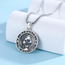 Aututer Memento Mori Necklace 925 Sterling Silver Death Medal Pendant Skull Necklace Reminder Necklace Amulet Protection Pendant Commemorative Necklace Memento Mori Jewelry Gifts for Men