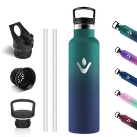 Vikastar Stainless Steel Drinking Bottle, Thermos Flask, 750 ml, BPA-Free Drinking Bottle, Thermos Bottle with Straw, Drinking Bottle for School, Sports, Bike, Camping, Dark Green & Dark Blue