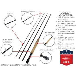 Wild Water Standard Fly Fishing Combo Starter Kit, 5 or 6 Weight 9 Foot Fly Rod, 4-Piece Graphite Rod with Cork Handle, Accessories, Die Cast Aluminum Reel, Carrying Case, Fly Box Case & Fishing Flies
