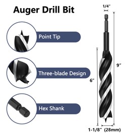 1-1/8 Inch Auger Drill Bit for Wood, 9" Long Carbon Steel Quick Change Hex Shank Wood Drill Bit for Hardwood, Softwood and Plastic