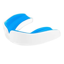 Enmo Maxilla Gel Gum Shield - Youth Under 10 Mouth Guard with Case for Rugby, Boxing, Hockey and Contact Sports - Mouthguard with Boil & Bite, Breathing Channel Tech, Dual Layer - Blue/White