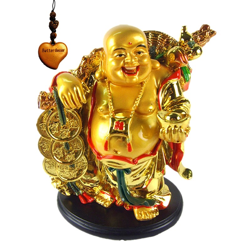 Betterdecor 5.5" Feng Shui Golden Laughing Happy Buddha Statue Holding
