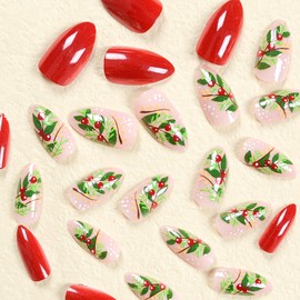 Christmas Red Press on Nails Extra Short Almond Fake Nails with Christmas Holly Leaf Designs Full Cover False Nails Xmas Winter Glue on Nails Holiday Artificial Stick on Nails for Women Girls 24Pcs