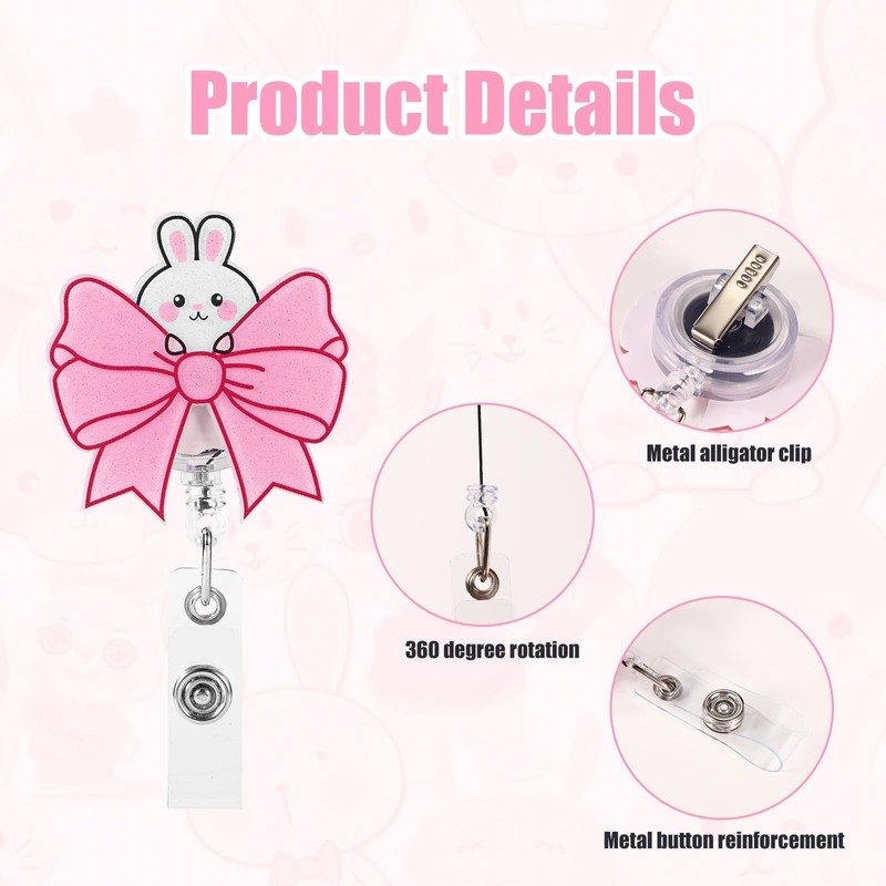 Pink Bow ID Card Holder, Pink, Cute Retractable Badge Holder