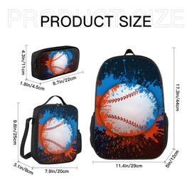 KXZOYLM Fire Baseball Backpacks for School Cool Baseball School Backpacks 3 Pieces Set School Bookbag with Lunch Bag And Pencil Case College Baseball Bookbag for Teen Boys Girls Travel