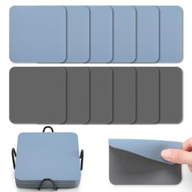 Myir JUN Coasters Set of 12 - 4 Inch Double Sided Leather Coasters - Waterproof Non-slip Easy to Clean with Holder (Gray Sky Blue)