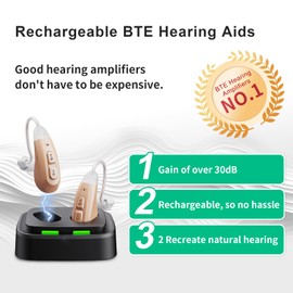 Hearing Aids for Seniors Rechargeable with Noise Cancelling No Whistling, Hearing Amplifier with Volume Adjustment and Noise Reduction, BTE easy to operate