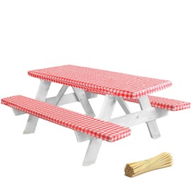 LINPRO Premium Picnic Table Cover with Bench Covers Vinyl Fitted Picnic Table Covers with Elastic RV Camping Accessories and Camper Must Haves Waterproof (Red Gingham, 96 x 30(8ft))