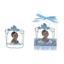Lunaura Baby Keepsake - Set of 12"Boy" Black Ethnic Baby Sitting on Swing Favors - Blue