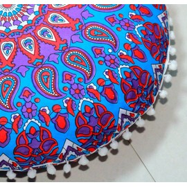 Round Mandala Floor Pillow Cover Seating Cushion Throw Cover Hippie Decorative Bohemian Ottoman Pouf Cover, Pom Pom Pillow Cases,Boho Indian 22 Inches (Red Yellow) (Purple Blue)