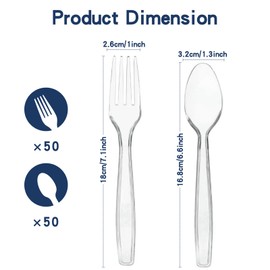 100 Pcs Clear Plastic Silverware Extra Heavy Duty, 50 Forks + 50 Spoons, Disposable Plastic Utensils Set Plastic Cutlery Set BPA-Free Heat Resistant Plasticware Silverware for Everyday Party