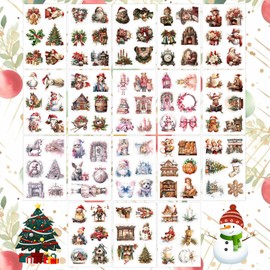 Christmas Stickers - 108pcs Holiday Winter Scrapbooking Stickers for Cards, Journaling, Wrapping, Labels | Waterproof Retro Aesthetic