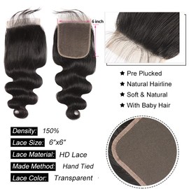 Closure Human Hair 6 x 6 Lace Closure Body Wave Real Hair Lace Closure Natural Black HD Swiss Lace Closure Human Hair Free Part 10 Inches