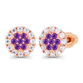 Solid 14K Rose Gold 6mm Cluster 1mm Natural Purple Amethyst February Birthstone Screwback Stud Earrings For Women | 1mm Birthstone | Created White Sapphire Screwback Earrings For Women