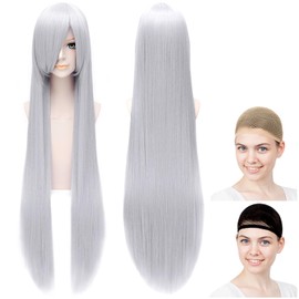 CaseEden 6043 Cosplay Wig, Premium, Smooth, Straight, Long Hair, 39.4 inches (100 cm), Silver, Silver Hair