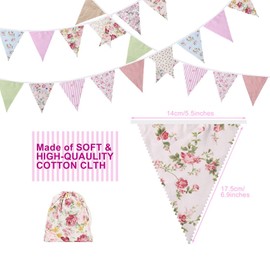 4X 40Ft Fabric Bunting, 42Pcs Outdoor Bunting Banner,Floral Vintage Cotton Triple-Cornered Flag for Birthday