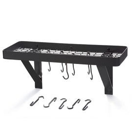 Old Dutch International Wall Mount Bookshelf Pot Rack with Grid & 8 Hooks, Matte Black, 24.5" x 9"