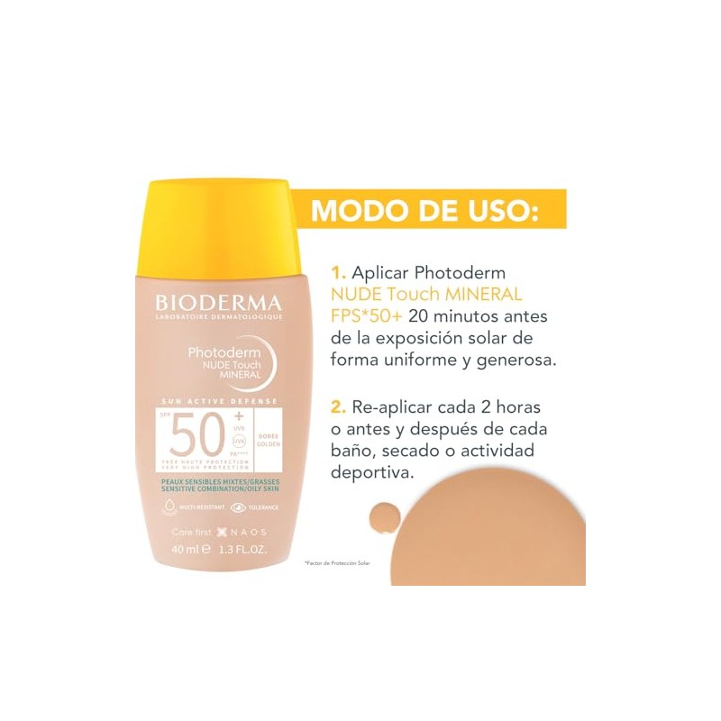 BIODERMA, Protector Solar, Photoderm NUDE Touch Mineral Tono Dorado, FPS50+,