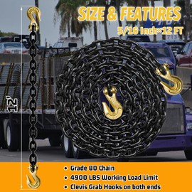 5/16" Tow Chain, 12 Ft G80 Transport Binder Chain with 4900 Lbs Safety Load,Trailer Safety Chains with G70 Clevis Grab Hooks for Transporting Towing&Logging,Tie Down Binding