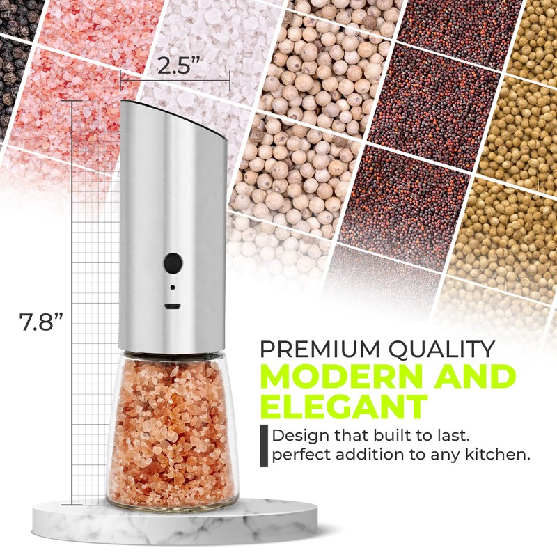 Rechargeable Electric Pepper Grinder, Automatic Gravity Salt Mill with Adjustable