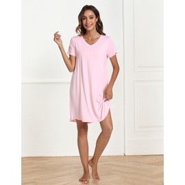 GYS Bamboo Viscose Women's Nightgowns Classic Short Sleeve V Neck Sleep Dress, Pink, Small