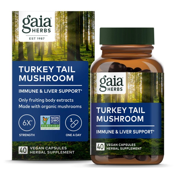 Gaia Herbs Turkey Tail Mushroom - Immune Support Supplement to Help Maintain Liver Health - with Organic Turkey Tail Mushroom Fruiting Body Extract - 40 Vegan Capsules