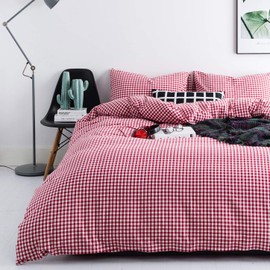 SUSYBAO 3 Pieces Duvet Cover Set 100% Washed Cotton Queen Size Red Gingham Plaid Bedding Set 1 Checkered Duvet Cover with Zipper Ties 2 Pillowcases Luxury Quality Ultra Soft Comfortable Breathable