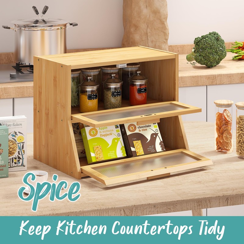 Vriccc Bread Box for Kitchen Counter, Large Bamboo Wooden Double