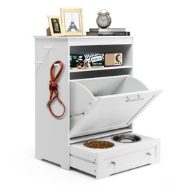 HAPPAWS Dog Feeding Station Dogs Food Storage Cabinet Pet Feeder Container with 2 Thick 50oz Stainless Steel Raised Dog Food and Water Bowls, Pet Supply Organizer with Pet Toy Hangers, White