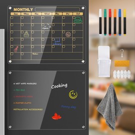 GOLDFOREST Clear Acrylic Calendar for Fridge, Magnetic Dry Erase Board, 16"x12" Inches Monthly & White Board Reusable Family Planner for Refrigerator, Includes 6 Markers, Magnetic Pen Holder 2024
