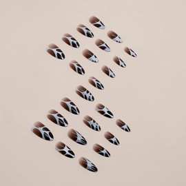 IMSOHOT Almond Press on Nails Medium Fake Nails Black French Tip Glossy False Nails Full Cover Glue on Nails Stiletto Acrylic Nails for Women 24Pcs