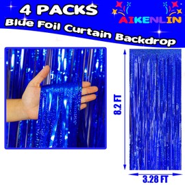 4 Pack 3.2Ft x 8.2Ft Blue Foil Fringe Curtain Backdrop, Metallic Tinsel Foil Fringe Streamers Curtains Background for Photo Booth, Birthday, Wedding, Disco, Bachelorette, Christmas Party Decoration